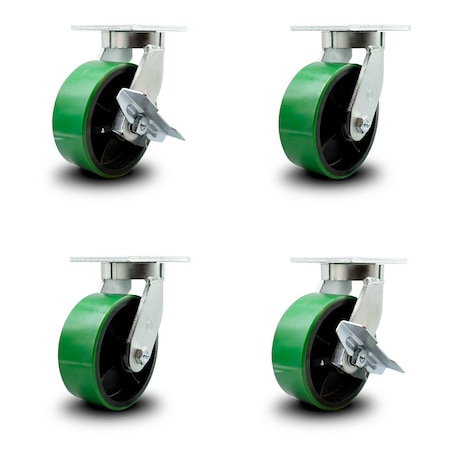 Service Caster 8 Inch Heavy Duty Green Poly on Cast Iron Caster Swivel Lock 2 Brakes SCC, 2PK SCC-KP92S830-PUR-GB-BSL-2-SLB-2